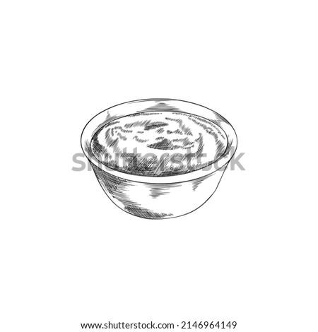 Bowl with sauce or yogurt, hand drawn sketch vector illustration isolated on white background. Dish with ketchup, mustard, mayonnaise or food dip. Royalty-Free Stock Photo #2146964149