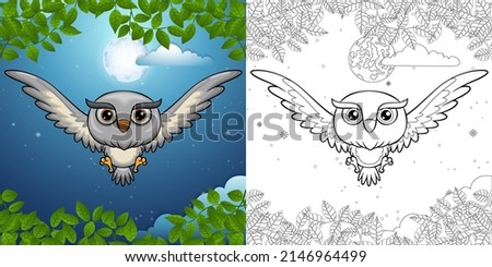 Cartoon of owl flying at night on full moon background