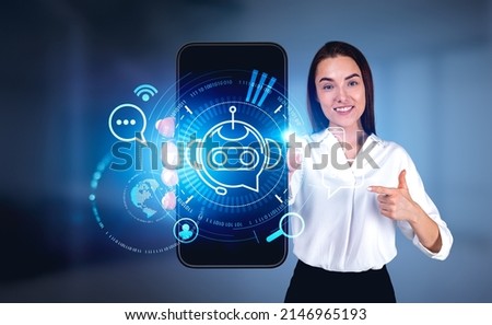 Businesswoman finger point at phone with voice chat bot hologram, business network icons. Artificial intelligence, worldwide and binary. Concept of helpdesk