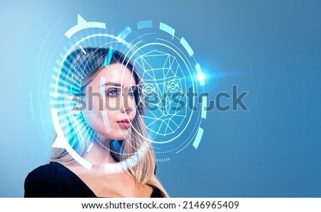 Businesswoman portrait and digital biometric scanning. Face detection and recognition. Concept of face id and machine learning. Royalty-Free Stock Photo #2146965409