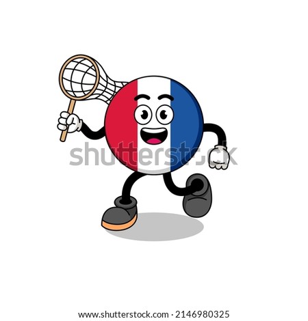 Cartoon of france flag catching a butterfly , character design