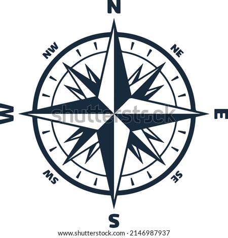 wind rose and compass vector in black and white color on isolated white background.