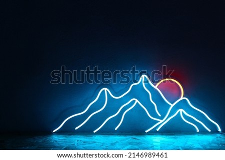 Blue neon sign mountains and sun. Trendy style. Neon sign. Custom neon. Home decor.