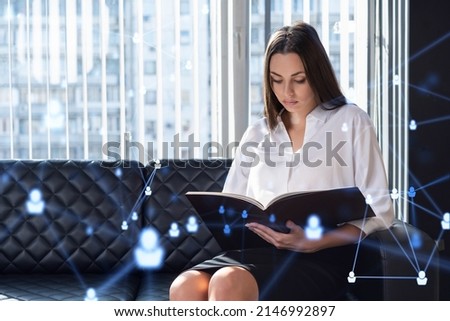 Attractive businesswoman in white shirt using smart phone to check new candidates for international business consulting. HR, social media icons over modern office background.