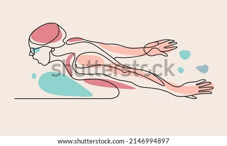 Single continuous line drawing of butterfly professional swimmer woman focus training in gym swimming pool center. Healthy lifestyle concept. Trendy one line draw design graphic vector illustration Royalty-Free Stock Photo #2146994897