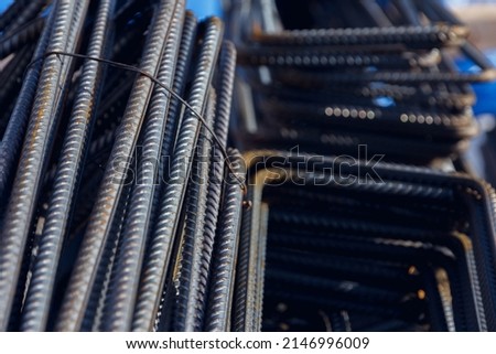 Reinforcement steel rod at construction site. Construction rebar steel work reinforcement. Rebar texture. Reinforcement steel rod. Rusty rebar for concrete pouring Royalty-Free Stock Photo #2146996009