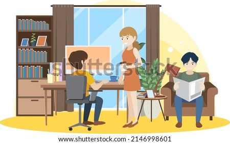 People working on computer at home illustration