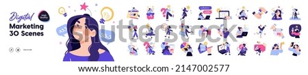 Business Marketing illustrations. Mega set. Collection of scenes with men and women taking part in business activities. Trendy vector style Royalty-Free Stock Photo #2147002577