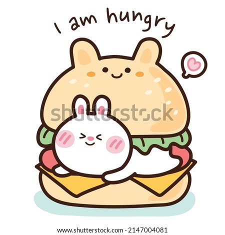 Rabbit in hamburger hand drawn background.I am hungry writing.Cute cartoon character design.Animal doodle style.Kawaii rabbit concept.Fast food.Kid graphic.Vector.Illustration.