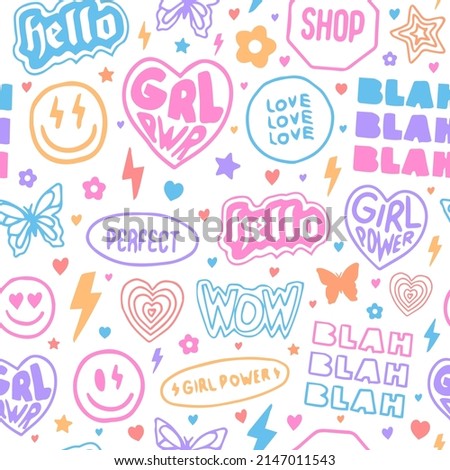 Cool Hand Drawn Girly Stickers Collage Seamless Pattern. Girl Patches Background Vector Design. Royalty-Free Stock Photo #2147011543
