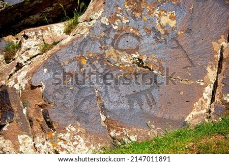 Petroglyphs on the rocks in Kazakhstan. The ancient parking cave man. Historical cave paintings. Carved on stone images of deer, goats and wolves. The development of ancient peoples. Royalty-Free Stock Photo #2147011891