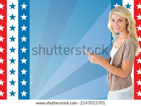 Caucasian woman using smartphone against american flag design with copy space on blue background. technology concept