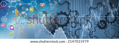 Network of connections, digital icons and statistical data processing against blue background. business and technology concept