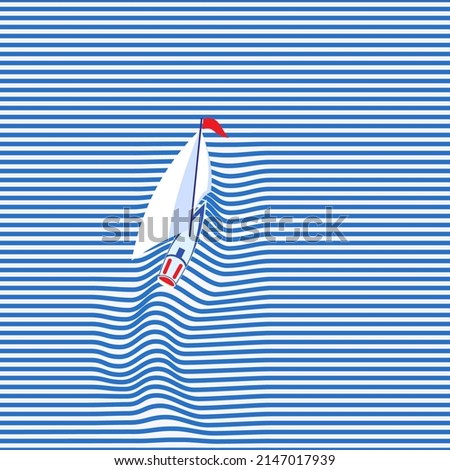 Yacht on the sea wave. Vector illustration of a yacht with sails located on the crest of a sea wave. Sketch for creativity. Royalty-Free Stock Photo #2147017939