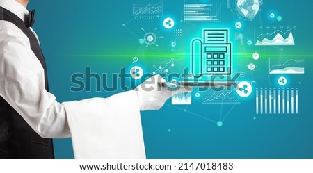 Handsome young waiter in tuxedo holding currency icons on tray