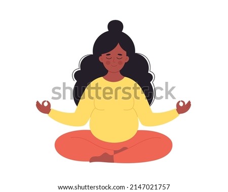 Black pregnant woman meditating in lotus pose. Healthy pregnancy, yoga, relax, breathing exercise. Hand drawn vector illustration