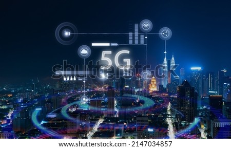 5G network wireless systems and internet of things with modern city skyline. Smart city and communication network concept . Royalty-Free Stock Photo #2147034857