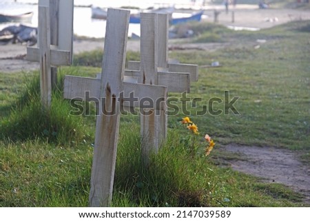 wooden crosses in grass field