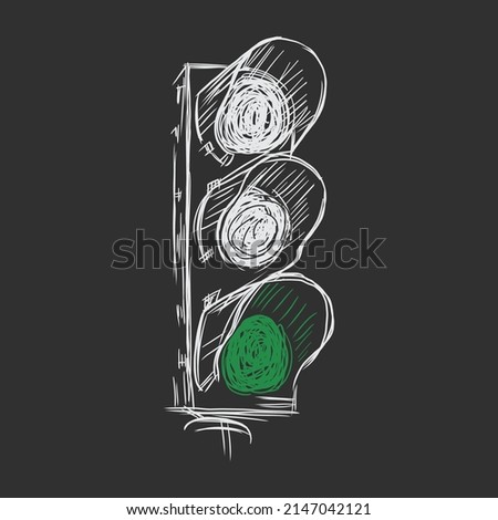 Traffic lights, only green light is on, hand drawn illustration on black background