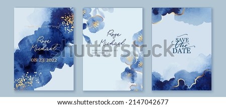 Set of elegant, romantic wedding crds, covers, invitations with shades of blue flowers.  Golden lines, splatters. Watercolor blossoms, abstract wash background. Spring, summer garden.