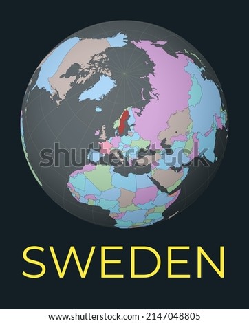 World map centered to Sweden. Red country highlighted. Satellite world view centered to country with name. Vector Illustration.