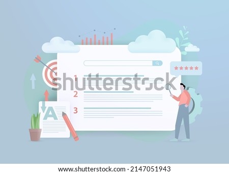 Website Seo ranking in search engines results page. The ratio of optimized content, keywords, backlinks and behavioral seo neutrality visibility factors. Flat design 3d vector illustration Royalty-Free Stock Photo #2147051943