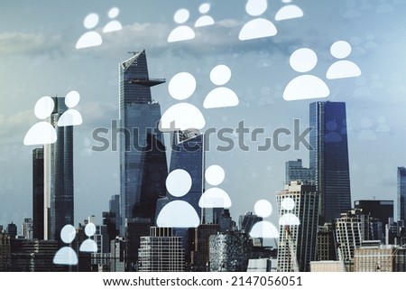 Abstract virtual social network hologram on New York cityscape background. Double exposure
