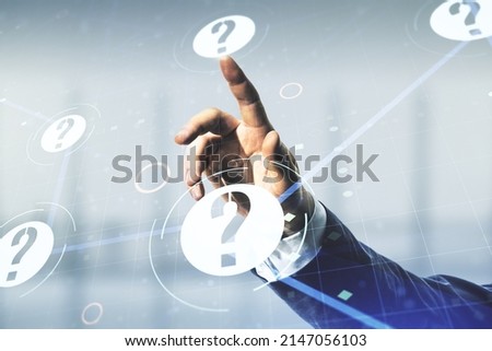 Male hand clicks on abstract virtual question mark sketch on blurred office background, FAQ and research concept. Double exposure