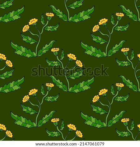 Fantasy cartoon doodle flower with leaves seamless pattern. Floral background. 