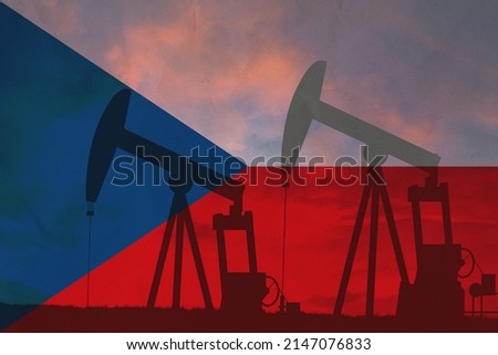 Czech Republic oil industry concept, industrial illustration. Czech Republic flag and oil wells, stock market, exchange economy and trade, oil production