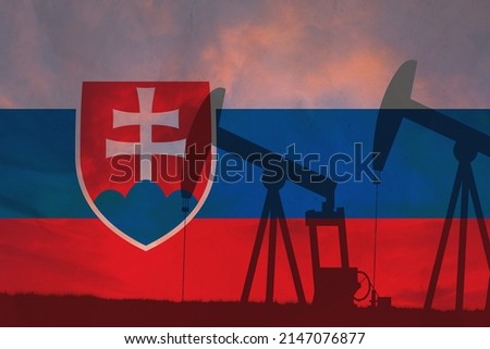 Slovakia oil industry concept, industrial illustration. Slovakia flag and oil wells, stock market, exchange economy and trade, oil production