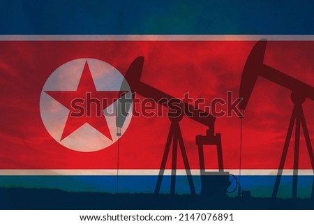 North Korea oil industry concept, industrial illustration. North Korea flag and oil wells, stock market, exchange economy and trade, oil production