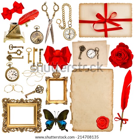 aged paper sheets with vintage accessories isolated on white background. antique clock, greeting card, feather pen, keys, red flower, butterfly. scrapbook elements for holidays