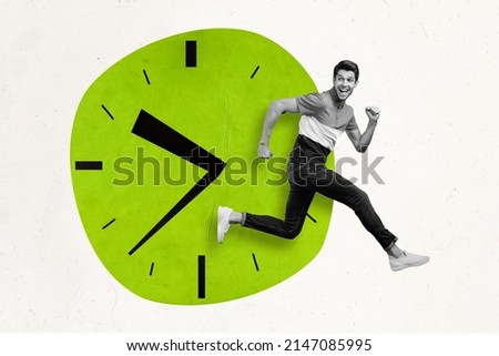 Creative picture of sportive energetic person black white filter run hurry isolated on drawing clock background Royalty-Free Stock Photo #2147085995