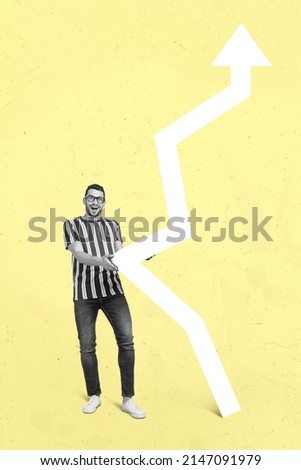 Vertical creative collage of crazy positive person touch glowing up arrow isolated on drawing yellow background