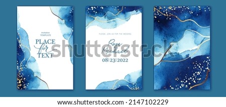 Set of elegant, romantic wedding cards, covers, invitations with shades of blue.  Golden lines, splatters. Watercolor washes, abstract background. 