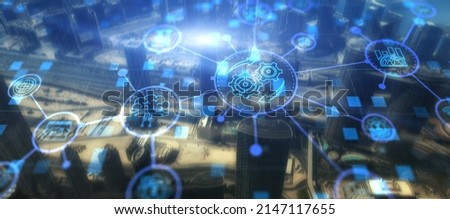 RPA. Robotic Process Automation on modern city abstract background.