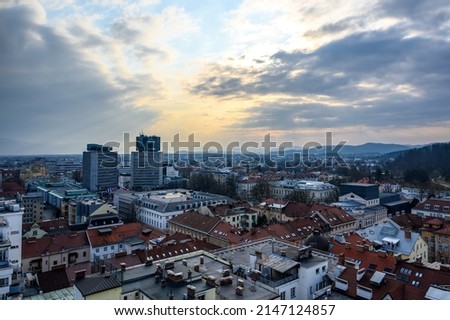 Landscape aerial view over the the city of Ljubljana, Slovenia during sunset