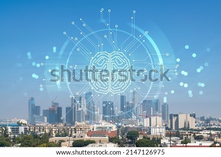 Los Angeles panorama skyline of downtown at day time, California, USA. Skyscrapers of LA city. Hologram of Artificial Intelligence concept. AI and business, machine learning, neural network, robotics