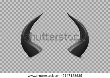 3d black devil horns of devilish scary monster from hell vector illustration. Realistic infernal demon head for Halloween carnival, fantasy party, mobile chat app isolated on transparent background Royalty-Free Stock Photo #2147128635
