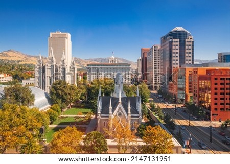 Salt Lake City, Utah, USA downtown cityscape over Temple Square with autumn foliage. Royalty-Free Stock Photo #2147131951
