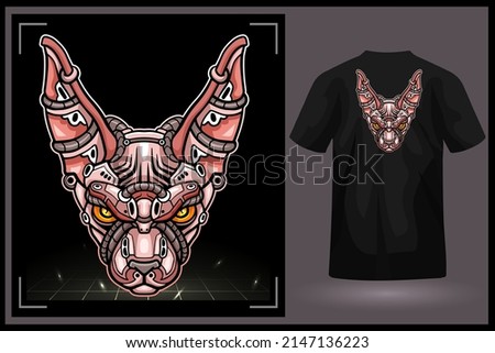 Sphynx cat head robot mascot. esport logo design with t-shirt preview