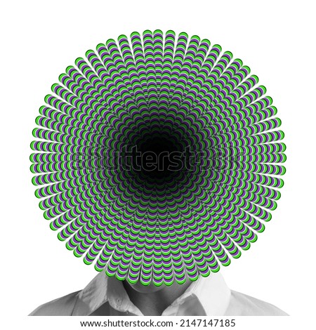 Contemporary art collage. Man with hypnotic design head isolated over light yellow background. Communicative, influential personality. Concept of psychology, emotions, mental health, artwork Royalty-Free Stock Photo #2147147185