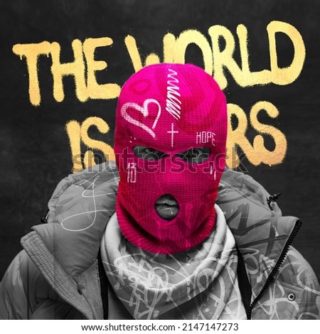 Contemporary artwork. Brutal, dangerous man in pink balaclava isolated on balck background with golden lettering. Stylish thief. Concept of creativity, street style art, youth culture. Colorful image Royalty-Free Stock Photo #2147147273