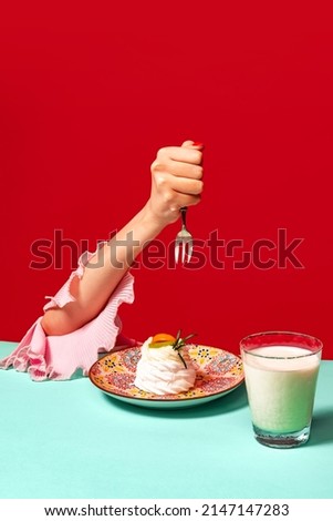 Attack. Food pop art photography. Cropped portrait of woman tasting sweet cake on bright red background. Retro 80s, 70s style. Complementary colors, Concept of art, beauty, minimalism