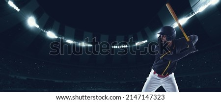 Bunt. Flyer with professional baseball player with baseball bat in action during match in crowed sport stadium at evening time. Sport, win, event, competition concepts. Collage, poster for ad, text