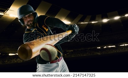 Powerful hit. Poster with baseball player with baseball bat in action during match in crowed sport stadium at evening time. Sport, win, winner, competition concepts. Collage, flyer for ad, text