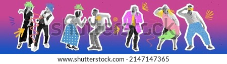Timeless rock-and-roll. Contemporary art collage. Dancing couples in retro 70s, 80s styled clothes over bright background with drawings. Concept of art, music, fashion, party, creativity. Flyer