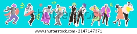 Timeless rock-and-roll. Contemporary art collage. Dancing couples in retro 70s, 80s styled clothes over bright background with drawings. Concept of art, music, fashion, party, creativity. Flyer Royalty-Free Stock Photo #2147147371