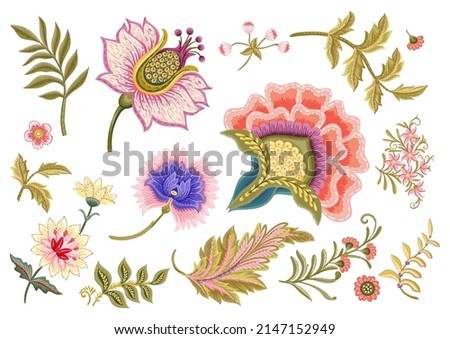 Fantasy flowers in retro, vintage, jacobean embroidery style. Element for design. Vector illustration. Royalty-Free Stock Photo #2147152949